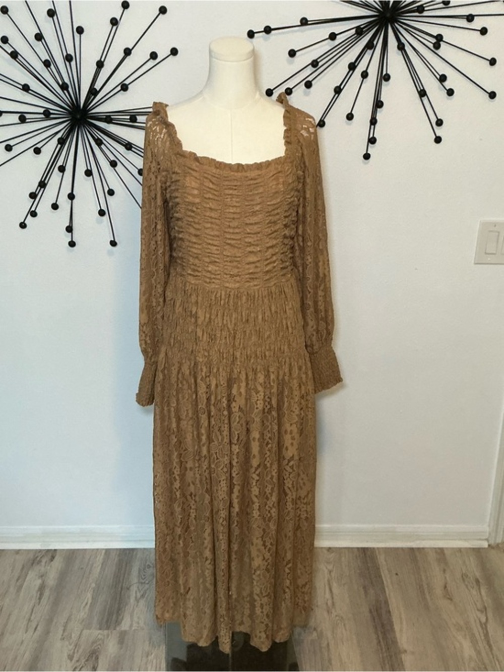 Listicle Tan Lace Smocked Maxi Dress Boho Cottagecore Long Sleeve Large